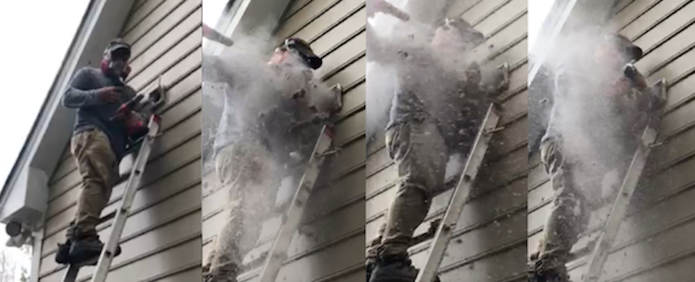 Rick Burnett on a ladder cleaning out a client's dryer vent